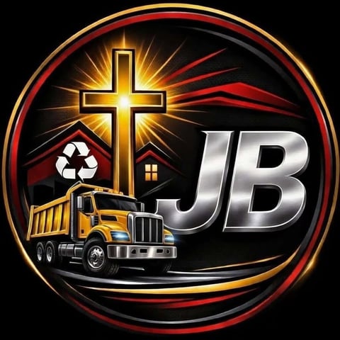 Logo featuring yellow dump truck, golden cross, house with recycling symbol, and JB initials on circular red and gold border