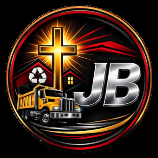JB logo with glowing cross, recycling symbol, house, yellow dump truck, and red and gold circular border design